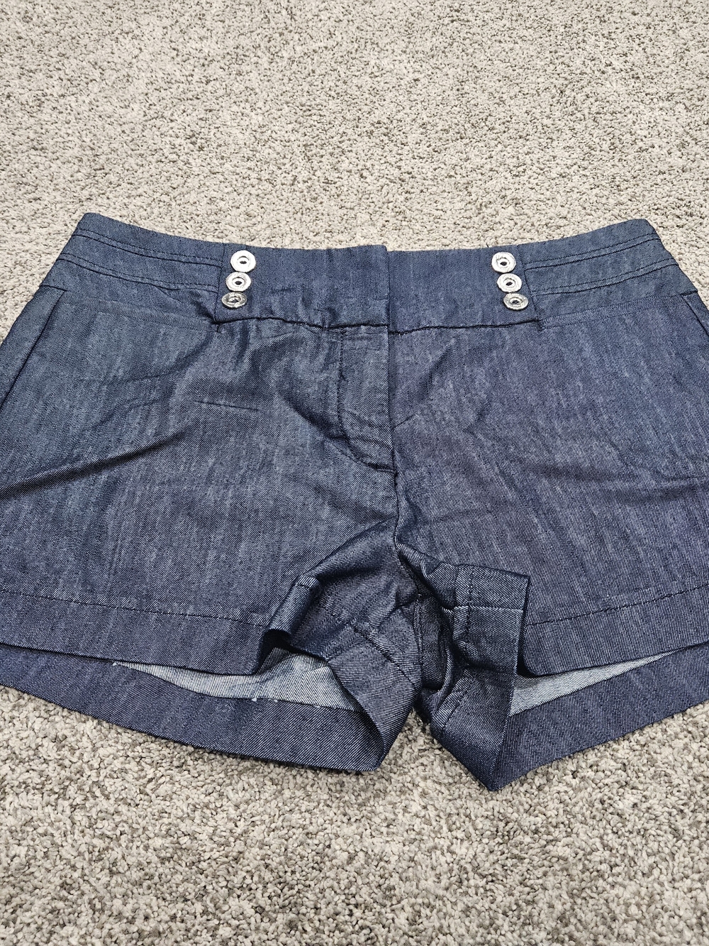 Guess Women's Dark Blue Denim Shorts with Silver Button Detail